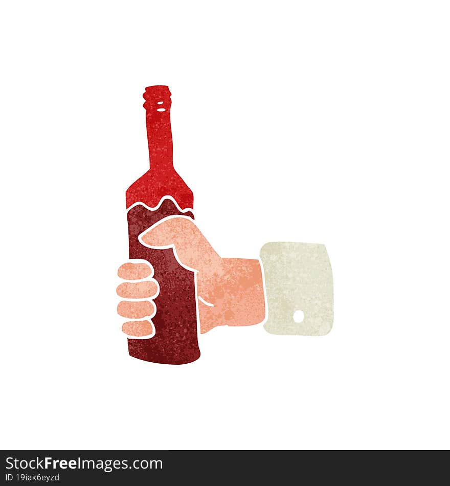 freehand retro cartoon hand holding bottle of wine