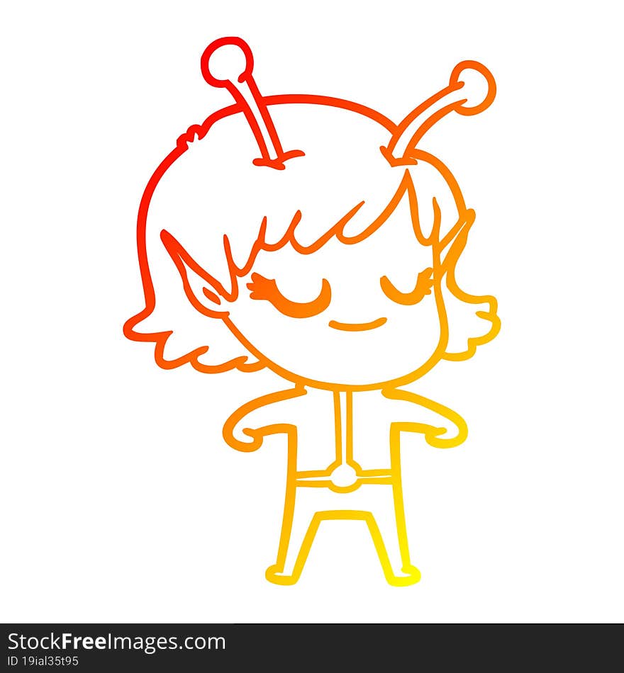 warm gradient line drawing smiling alien girl cartoon