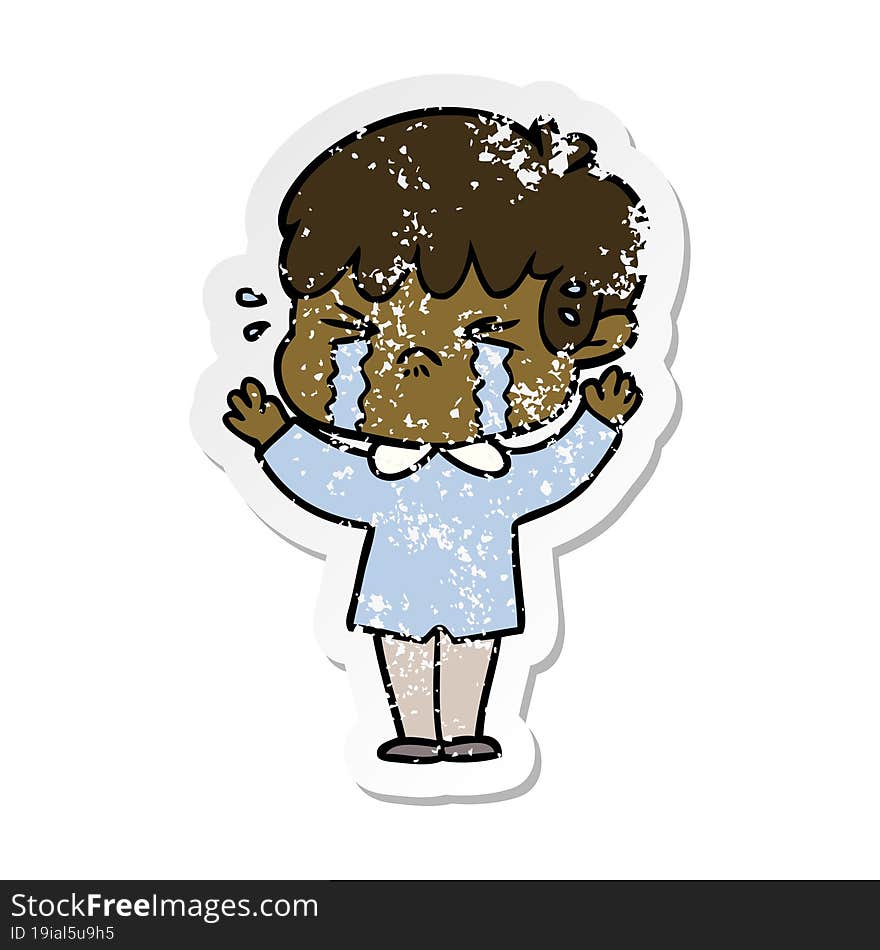 distressed sticker of a cartoon boy crying