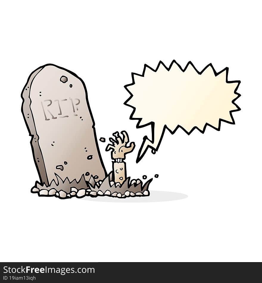 cartoon zombie rising from grave with speech bubble