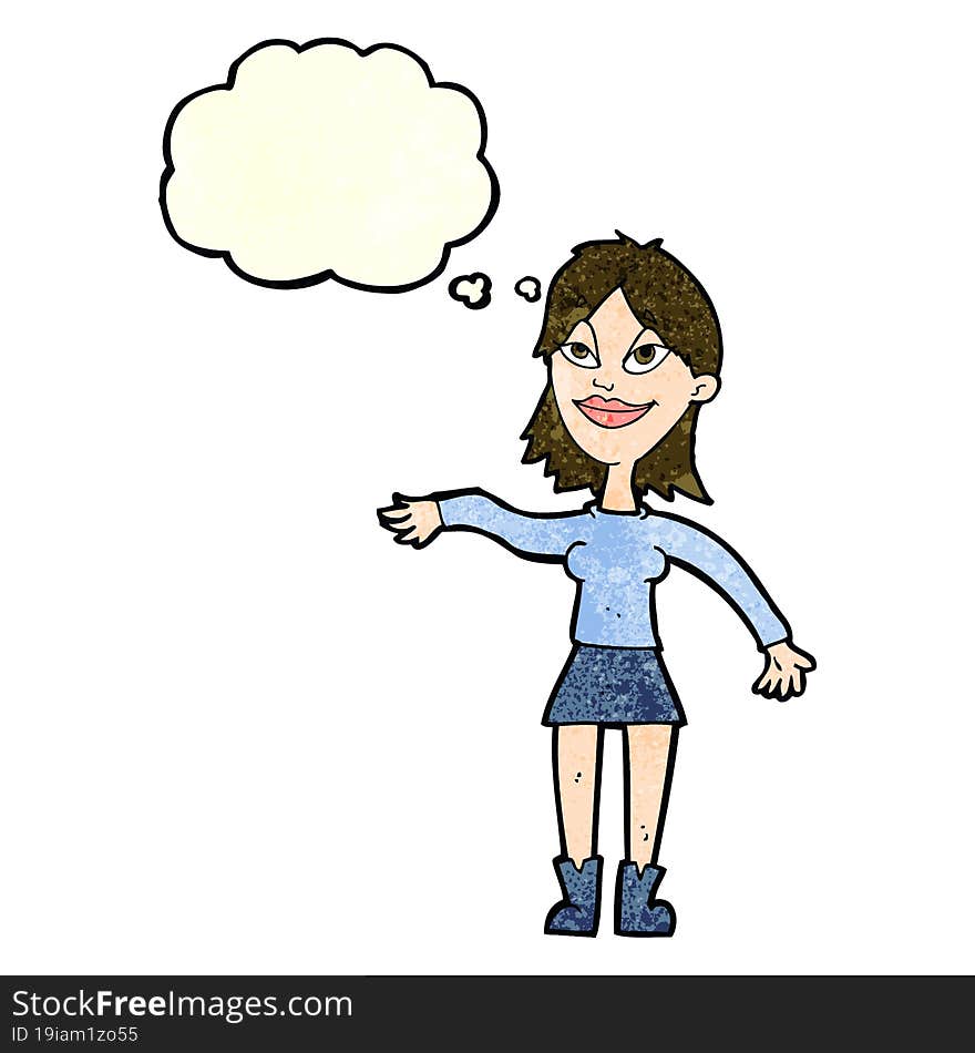 cartoon woman making hand gesture with thought bubble