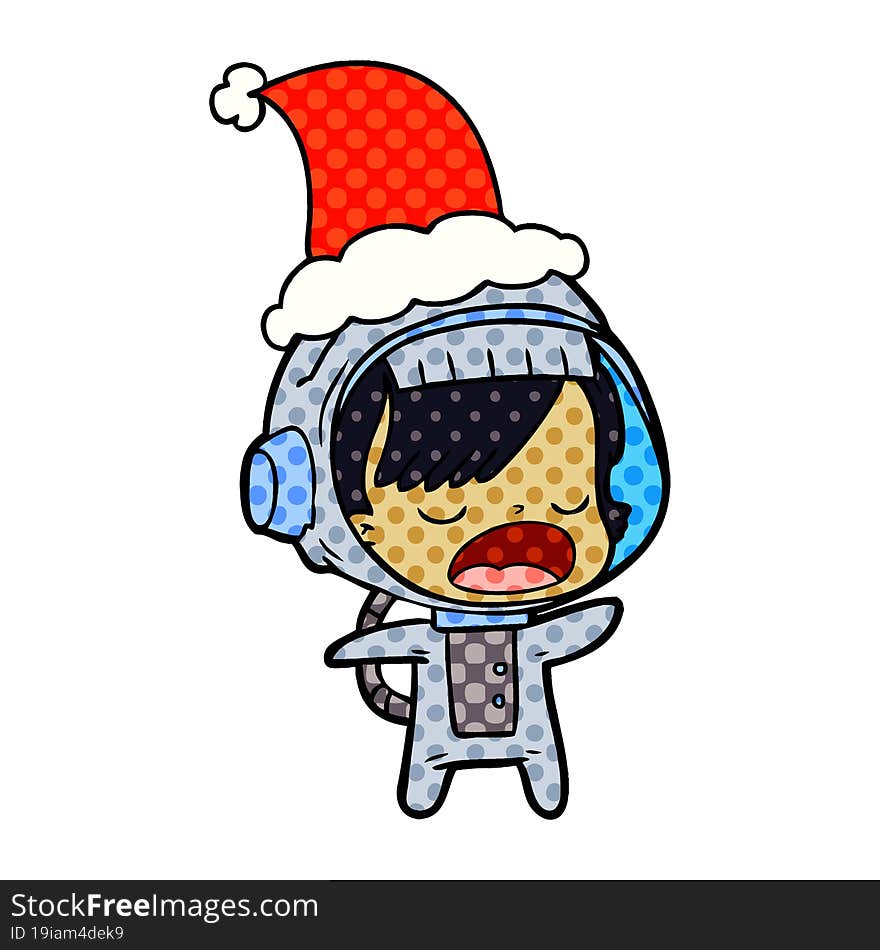 comic book style illustration of a talking astronaut woman wearing santa hat