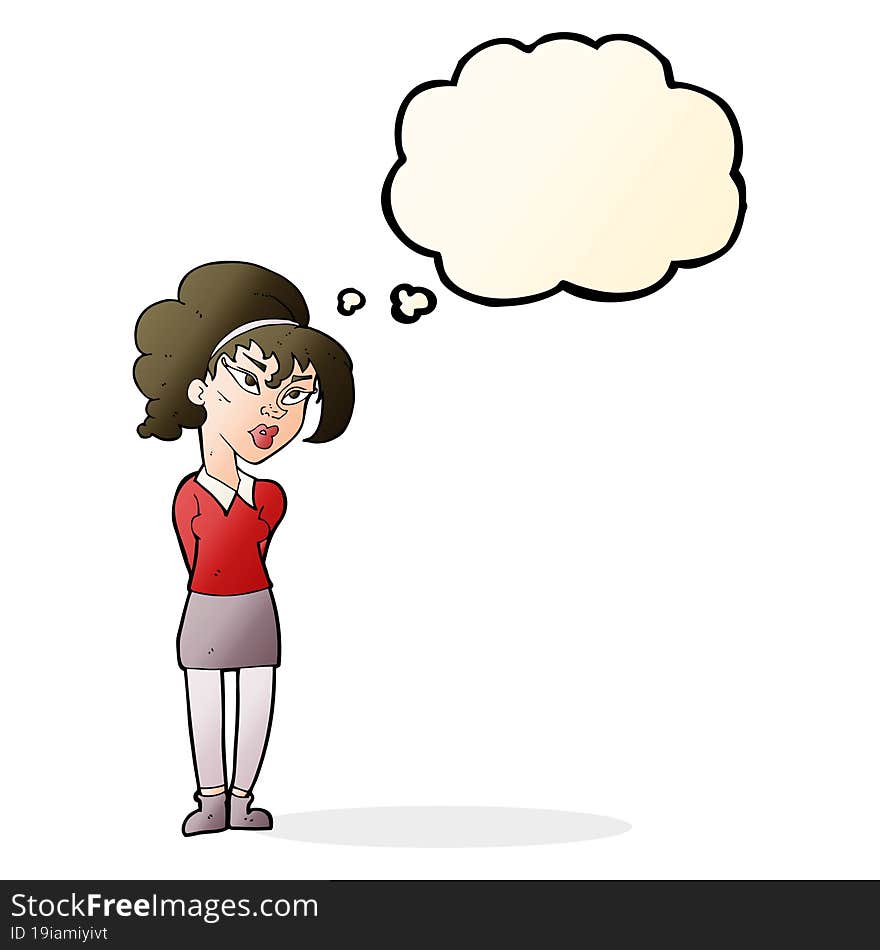 cartoon pretty girl tilting head with thought bubble