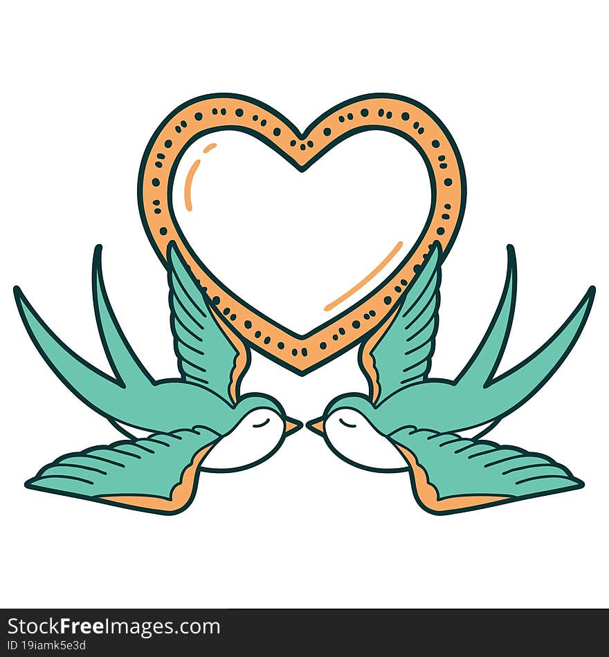 iconic tattoo style image of swallows and a heart. iconic tattoo style image of swallows and a heart