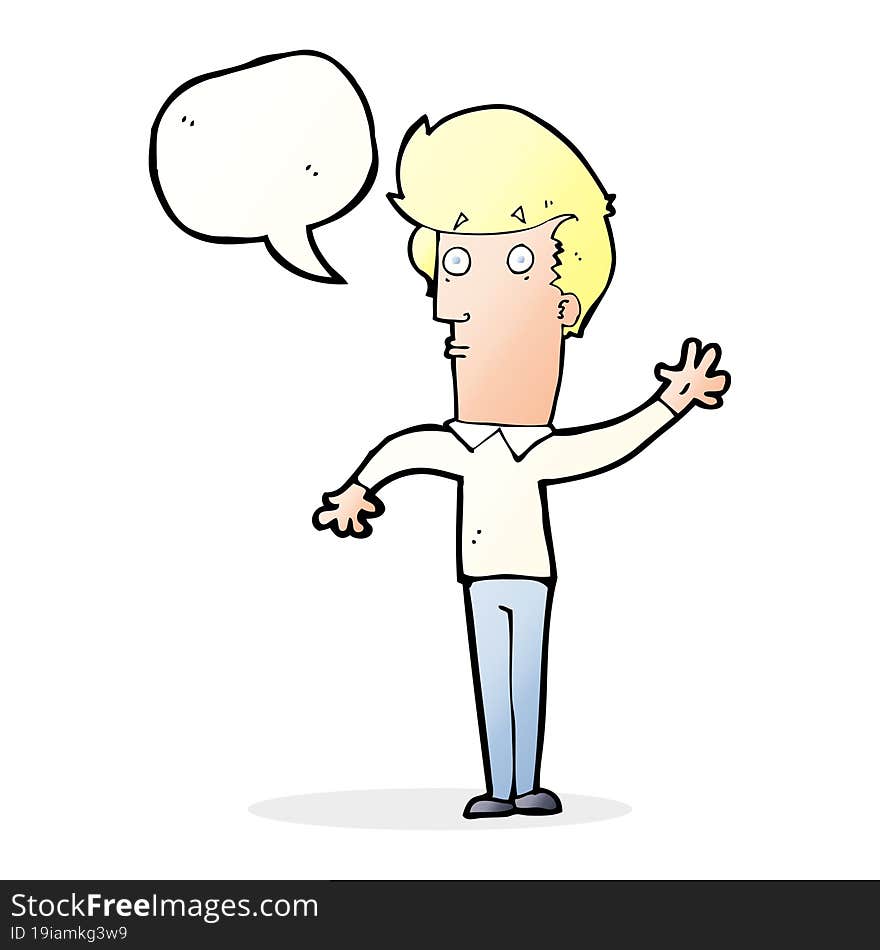 cartoon nervous man waving with speech bubble