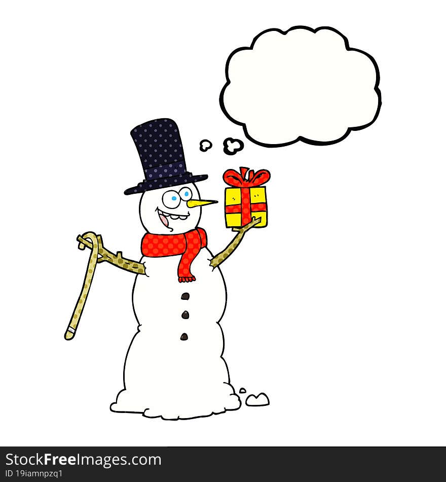 freehand drawn thought bubble cartoon snowman holding present