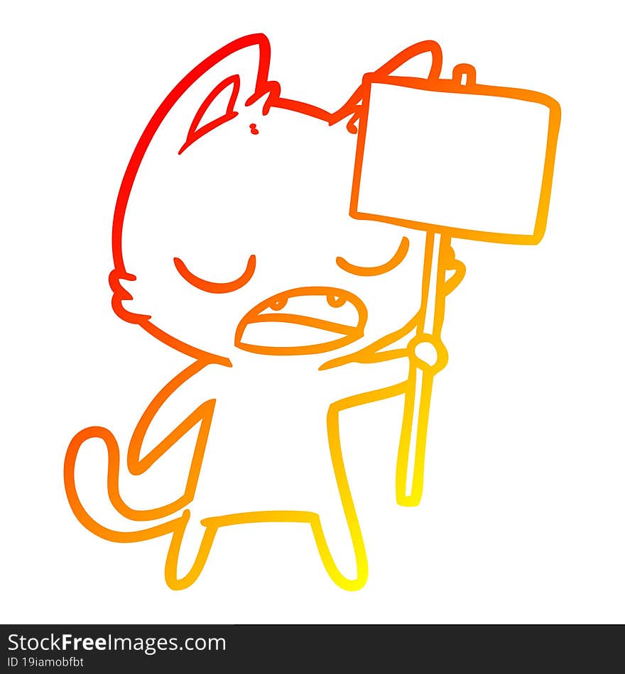 warm gradient line drawing talking cat cartoon with placard