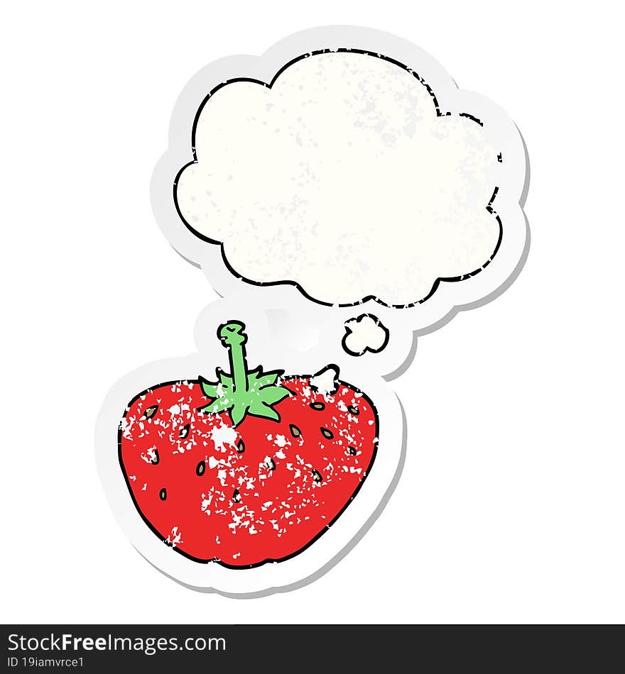 cartoon strawberry and thought bubble as a distressed worn sticker