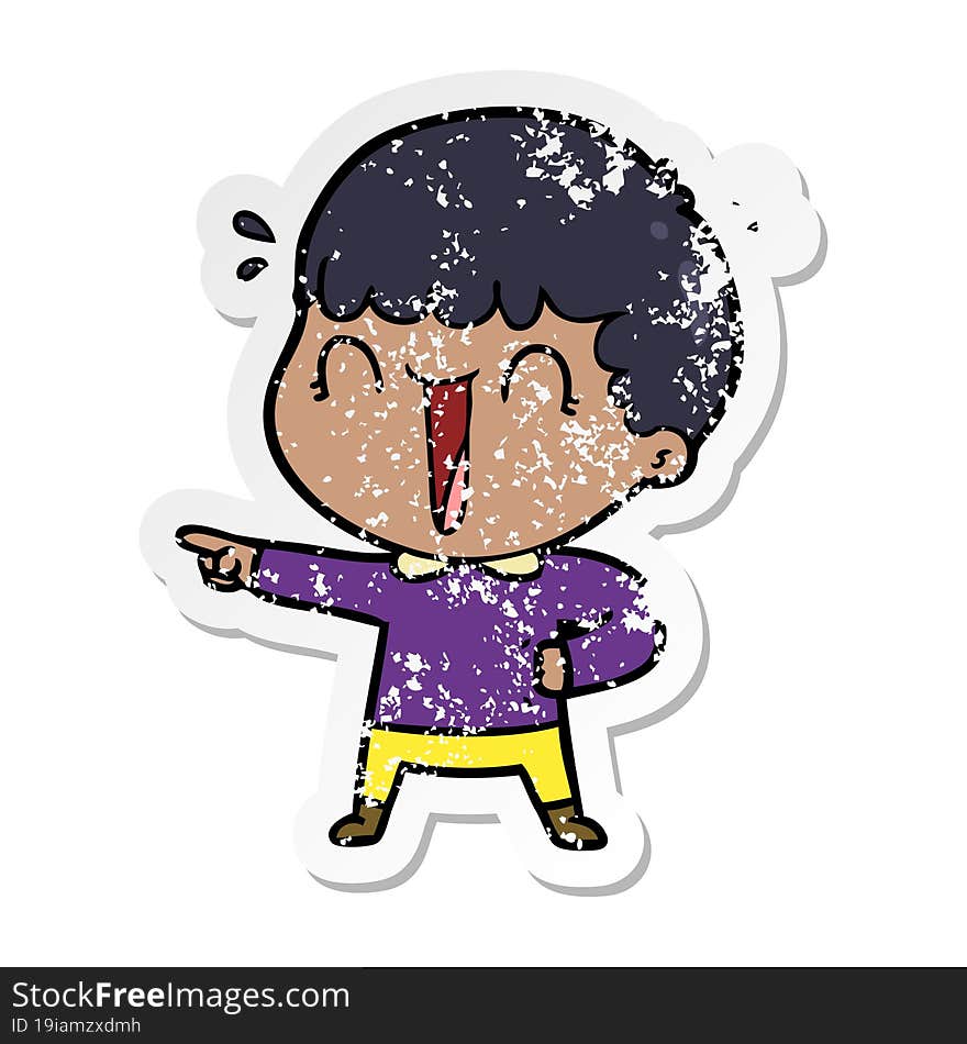 Distressed Sticker Of A Laughing Cartoon Man Pointing Finger