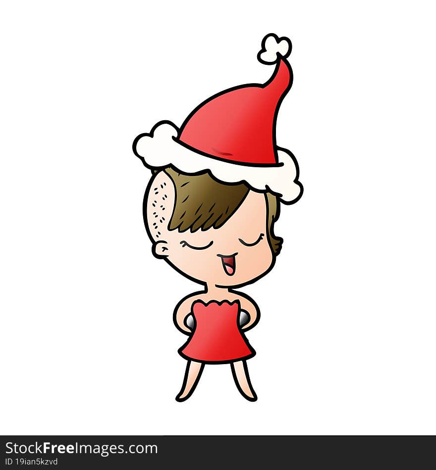 happy gradient cartoon of a girl in cocktail dress wearing santa hat