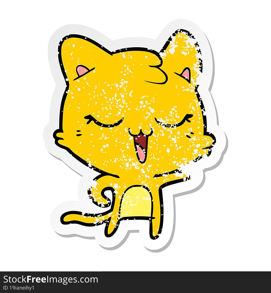 distressed sticker of a happy cartoon cat