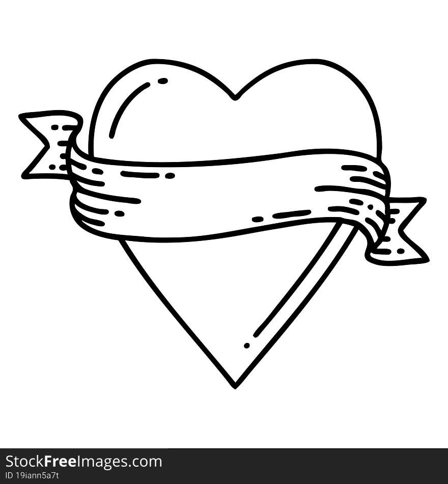 tattoo in black line style of a heart and banner. tattoo in black line style of a heart and banner