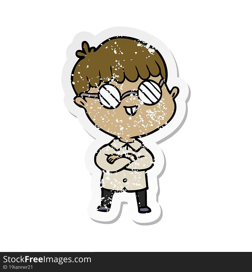 distressed sticker of a cartoon boy wearing spectacles