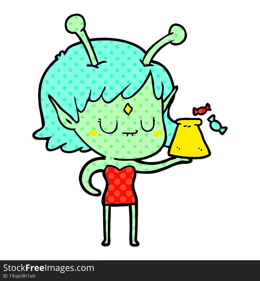 cartoon alien girl with bag of candy. cartoon alien girl with bag of candy