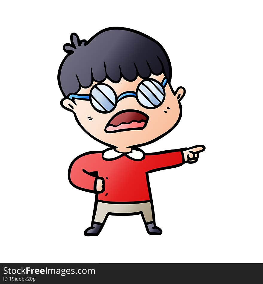 cartoon pointing boy wearing spectacles. cartoon pointing boy wearing spectacles