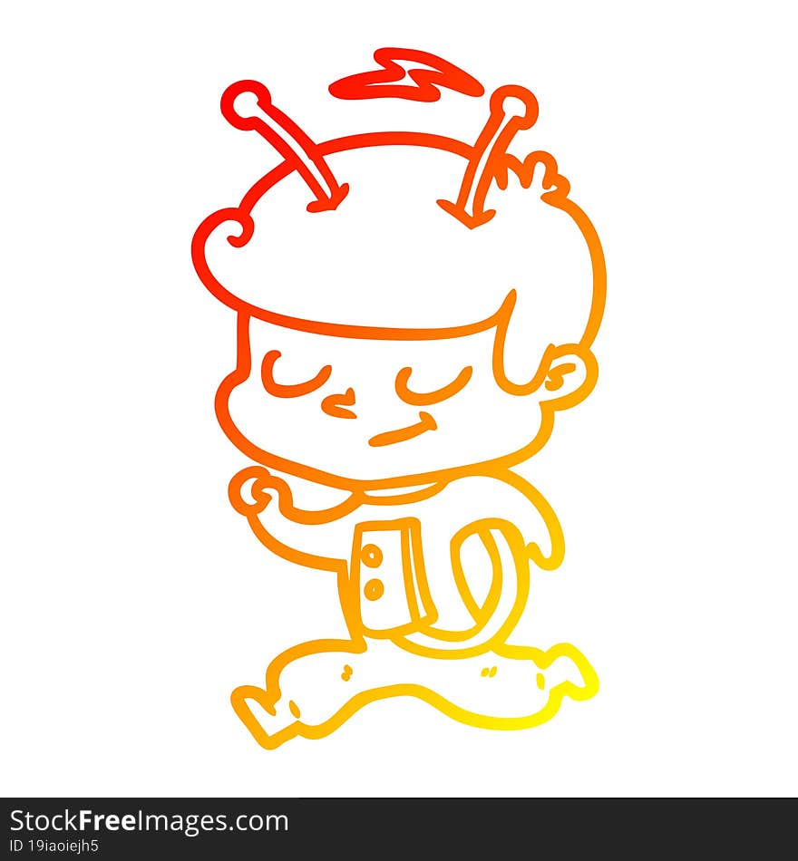 warm gradient line drawing of a friendly cartoon spaceman running