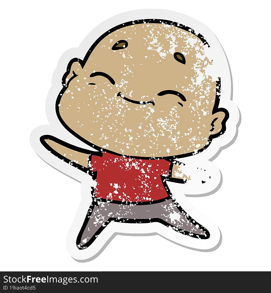 distressed sticker of a happy cartoon bald man