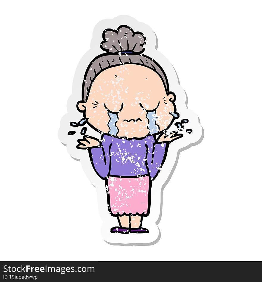 Distressed Sticker Of A Cartoon Crying Old Lady