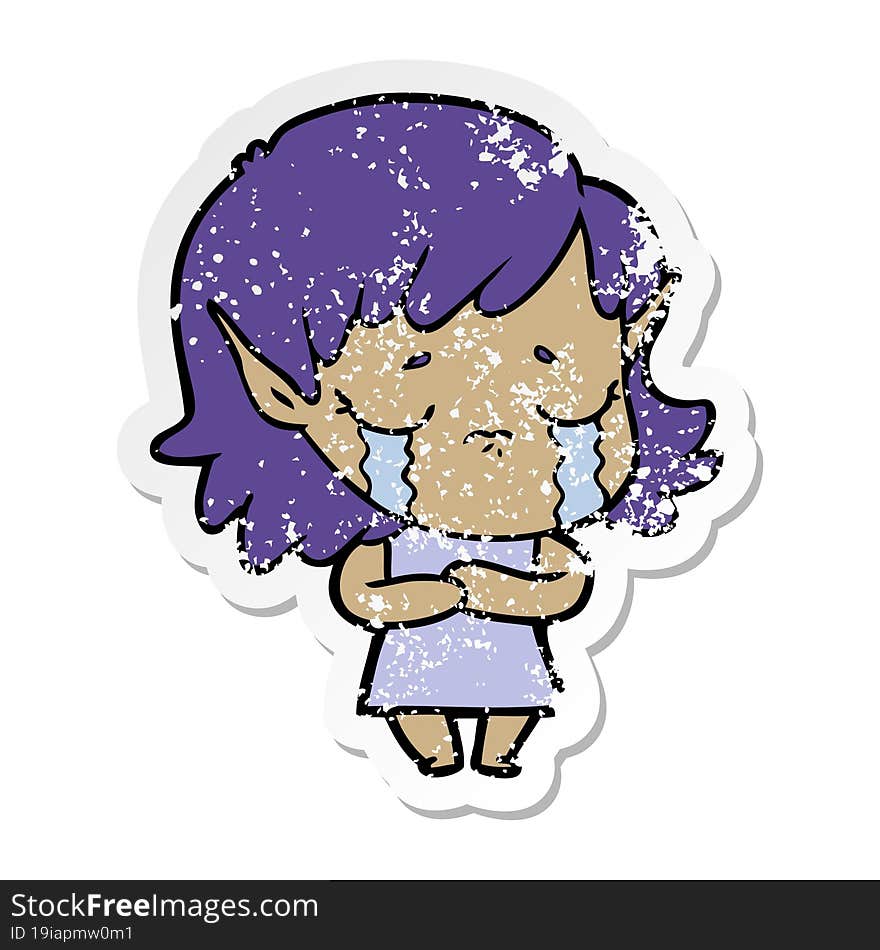 distressed sticker of a cartoon crying elf girl