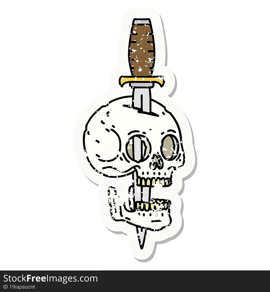 traditional distressed sticker tattoo of a skull and dagger