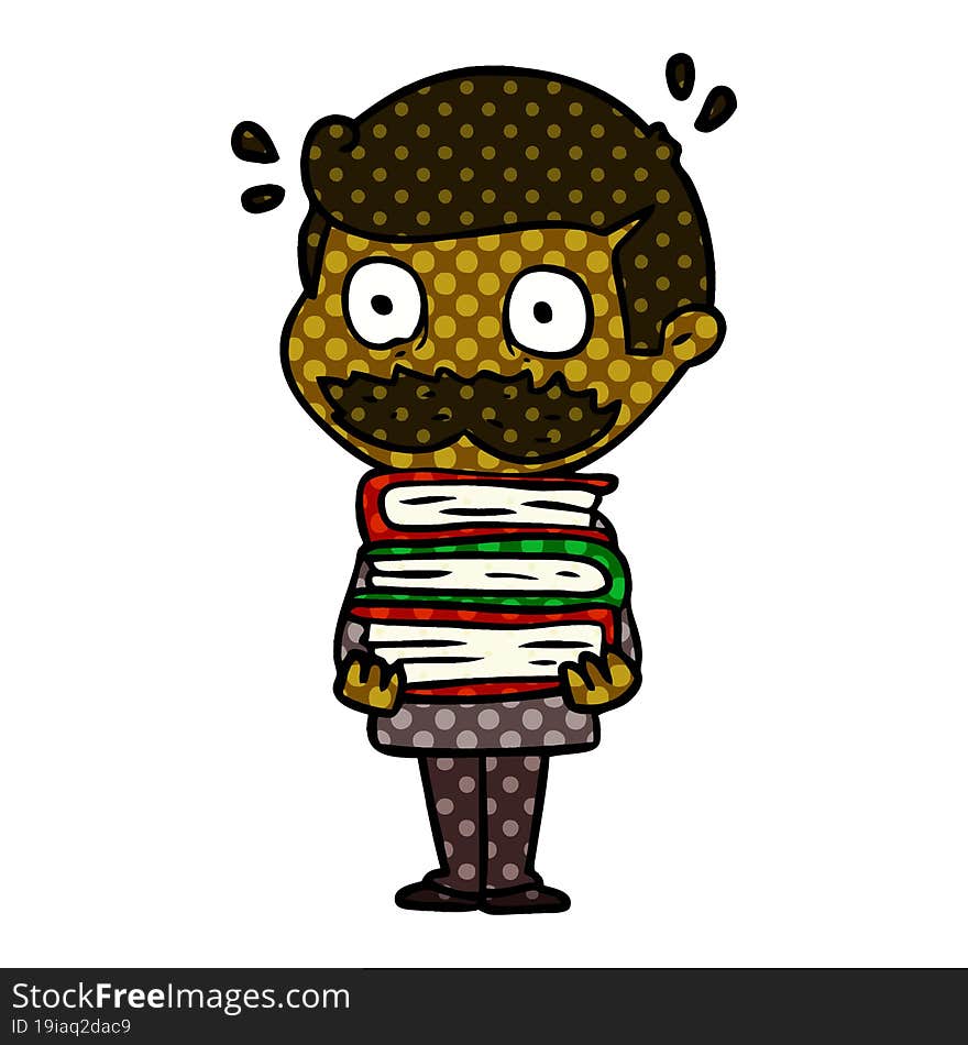 cartoon man with mustache and books. cartoon man with mustache and books