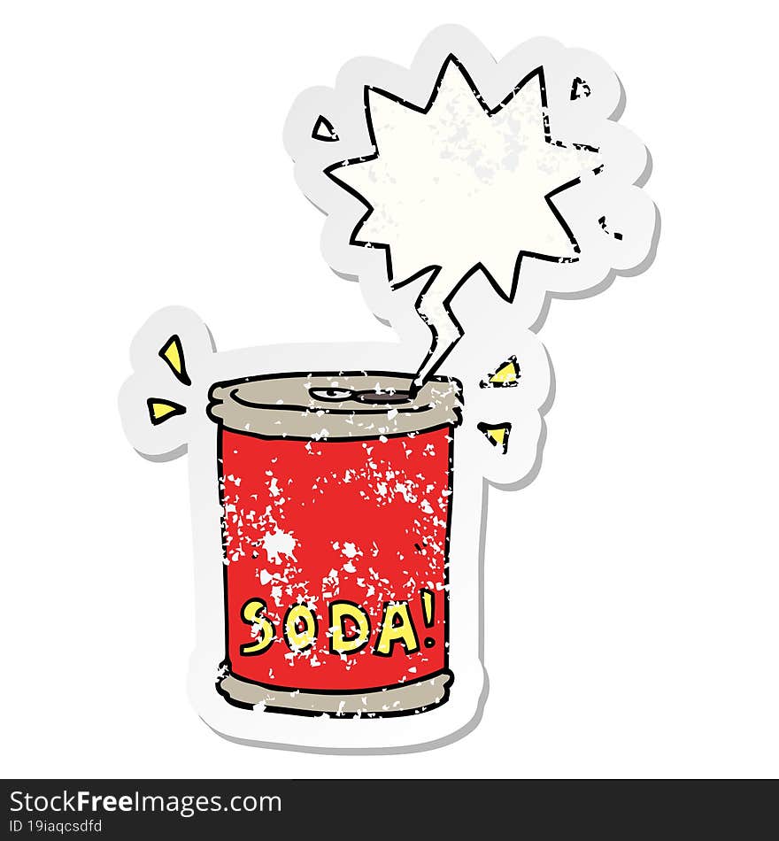 cartoon soda can with speech bubble distressed distressed old sticker. cartoon soda can with speech bubble distressed distressed old sticker