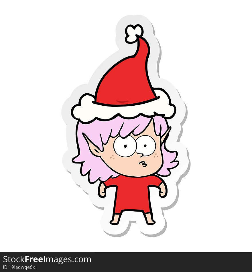 sticker cartoon of a elf girl staring wearing santa hat