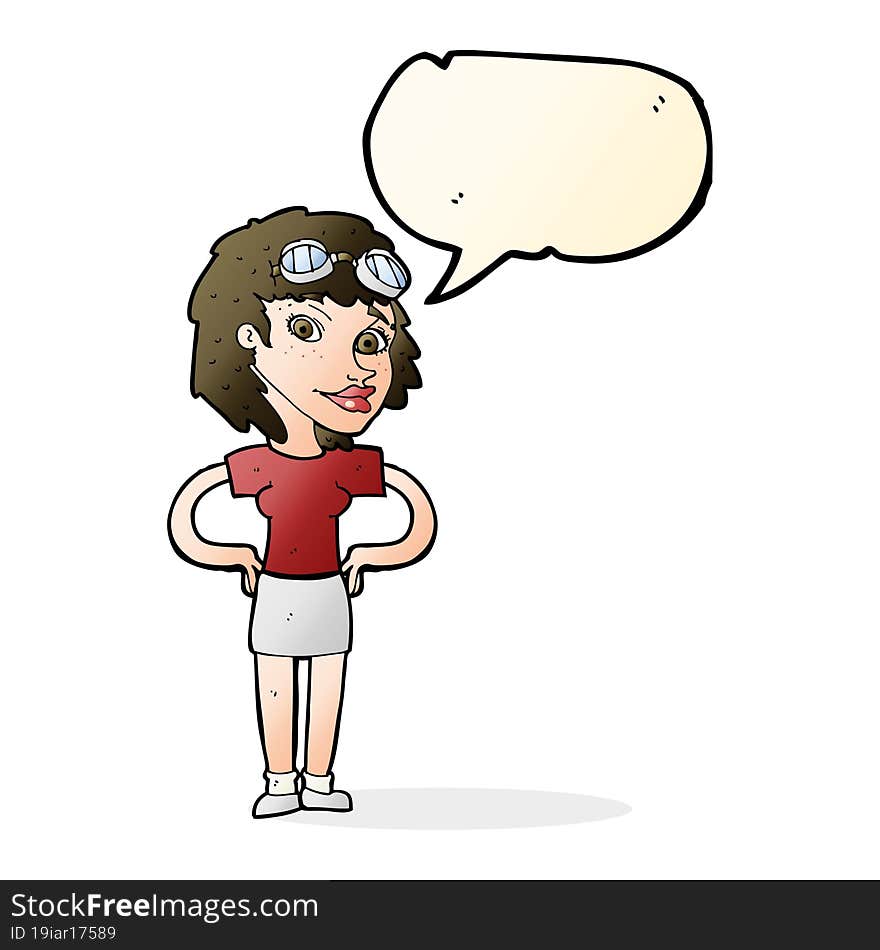 cartoon retro pilot woman with speech bubble