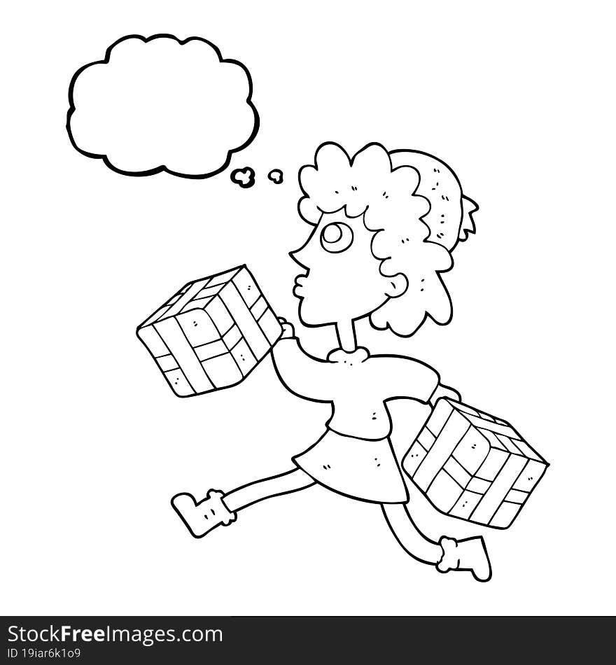 freehand drawn thought bubble cartoon running woman with presents