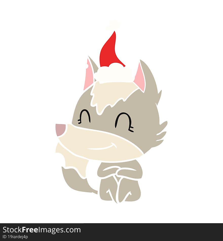 friendly flat color illustration of a wolf wearing santa hat