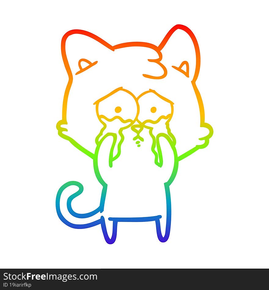 rainbow gradient line drawing of a cartoon crying cat