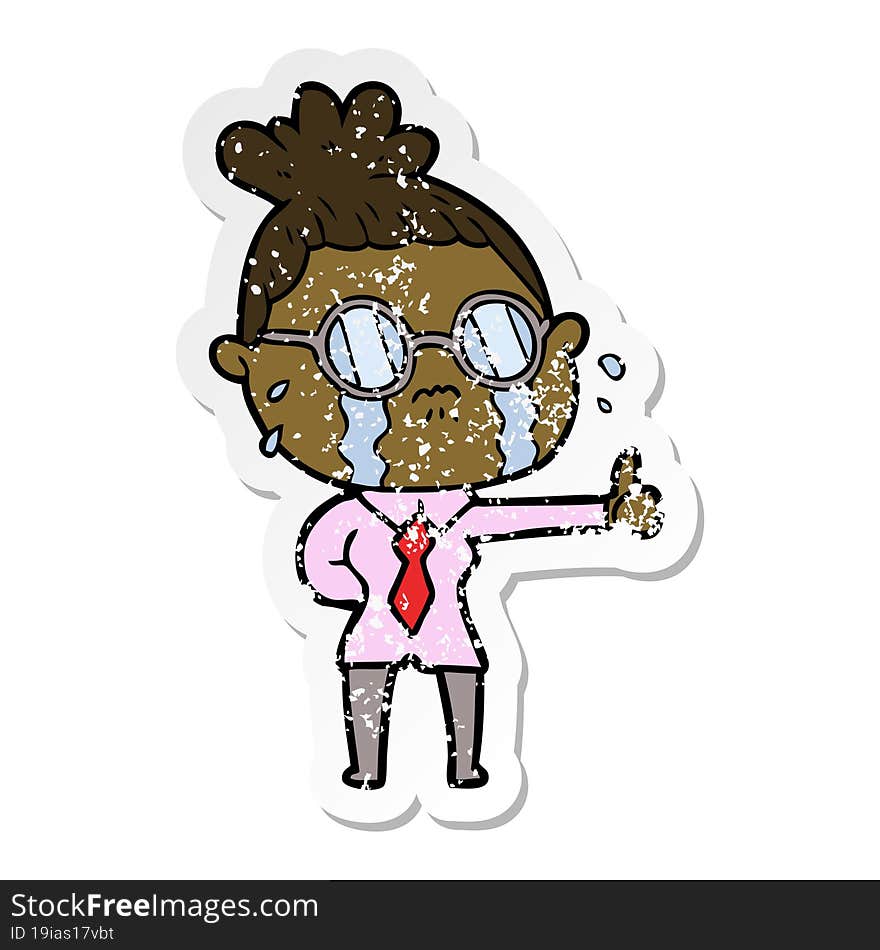 distressed sticker of a cartoon crying woman wearing spectacles