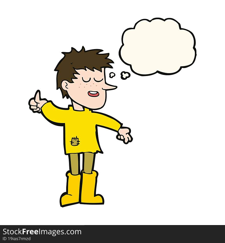 cartoon poor boy with positive attitude with thought bubble