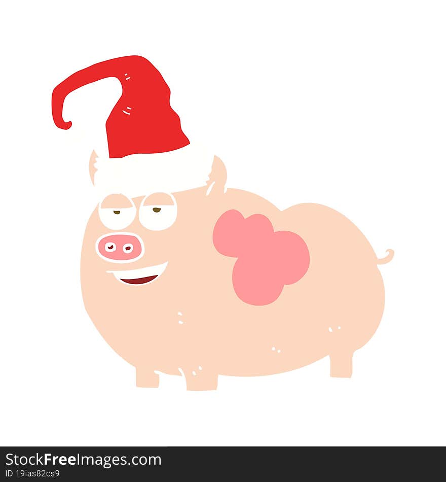 flat color illustration of a cartoon christmas pig