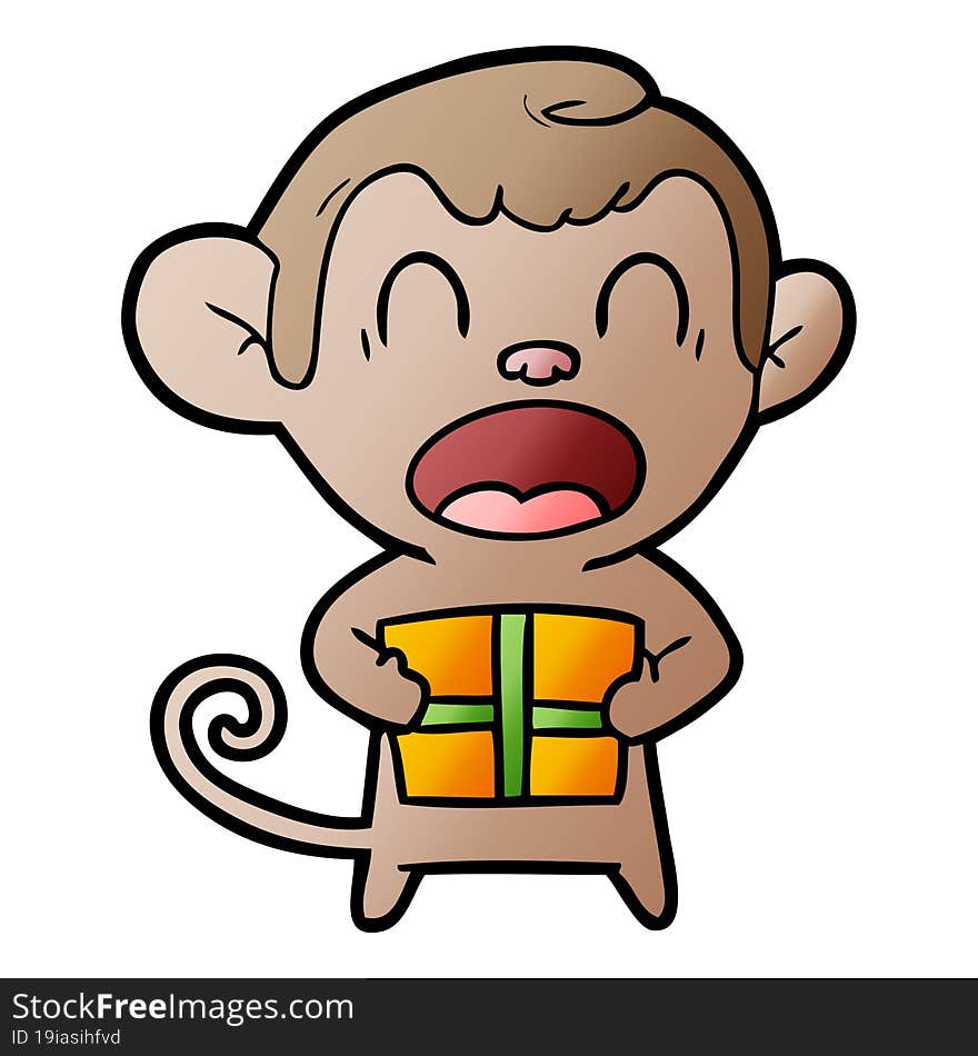 shouting cartoon monkey carrying christmas gift. shouting cartoon monkey carrying christmas gift