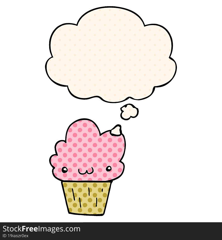 cartoon cupcake with face with thought bubble in comic book style