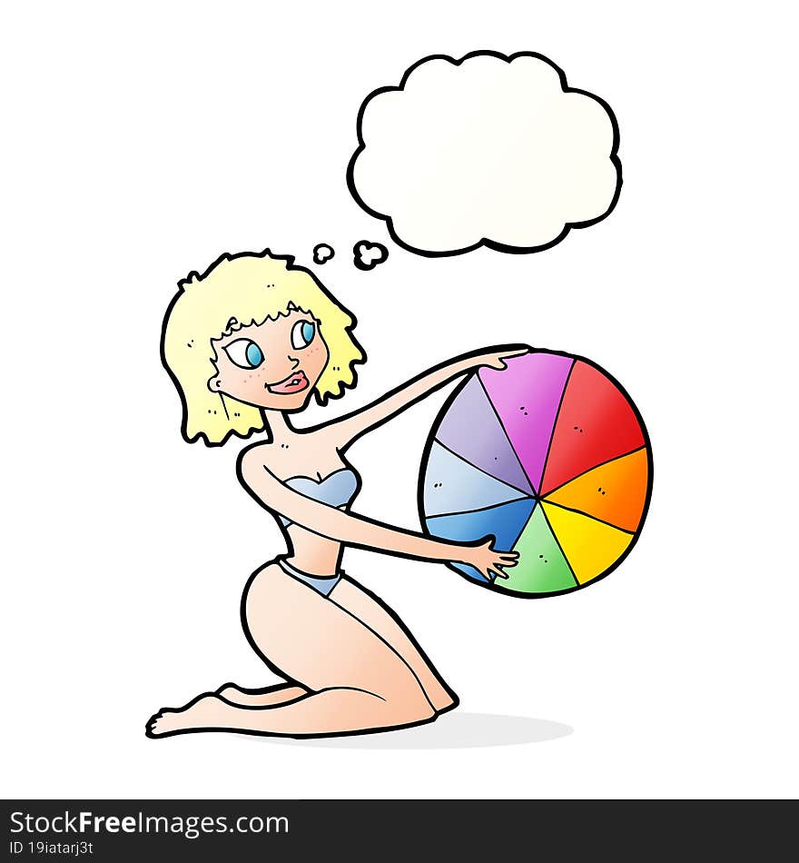 cartoon bikini girl with beach ball with thought bubble