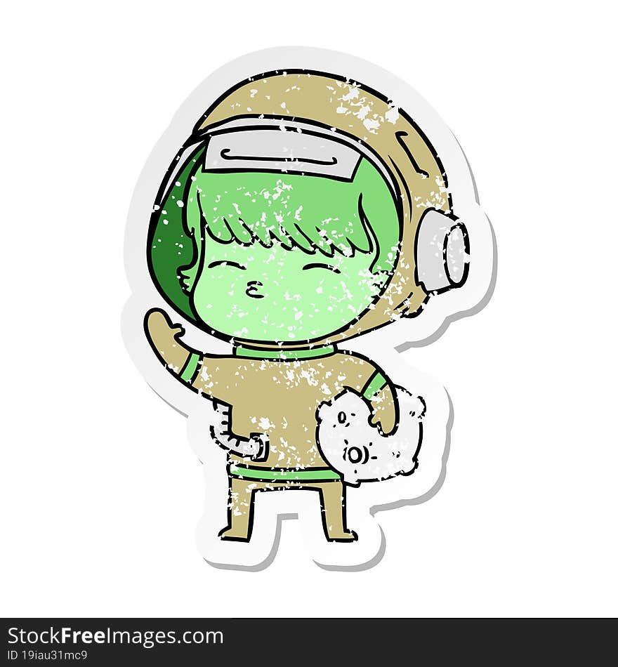 distressed sticker of a cartoon curious astronaut carrying space rock