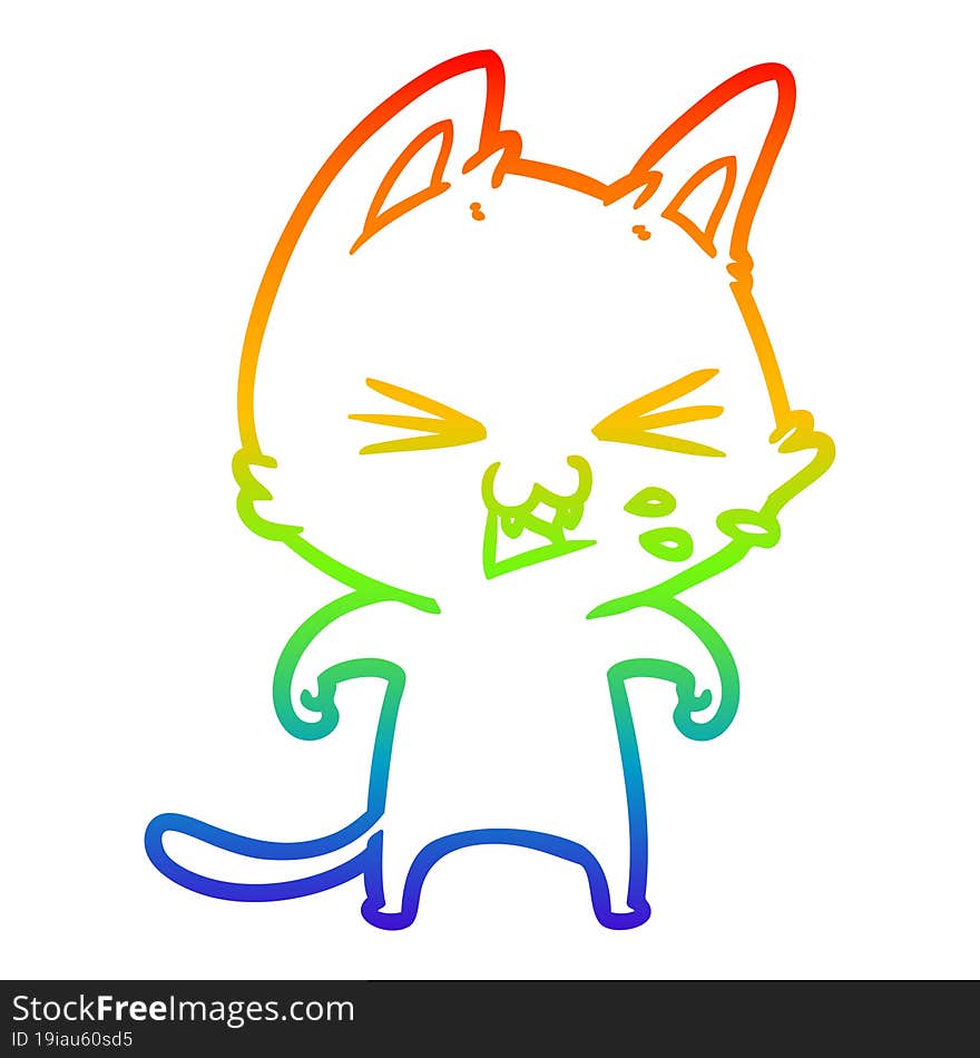 rainbow gradient line drawing of a cartoon cat hissing