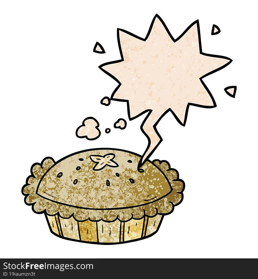 hot cartoon pie fresh out of the oven and speech bubble in retro texture style