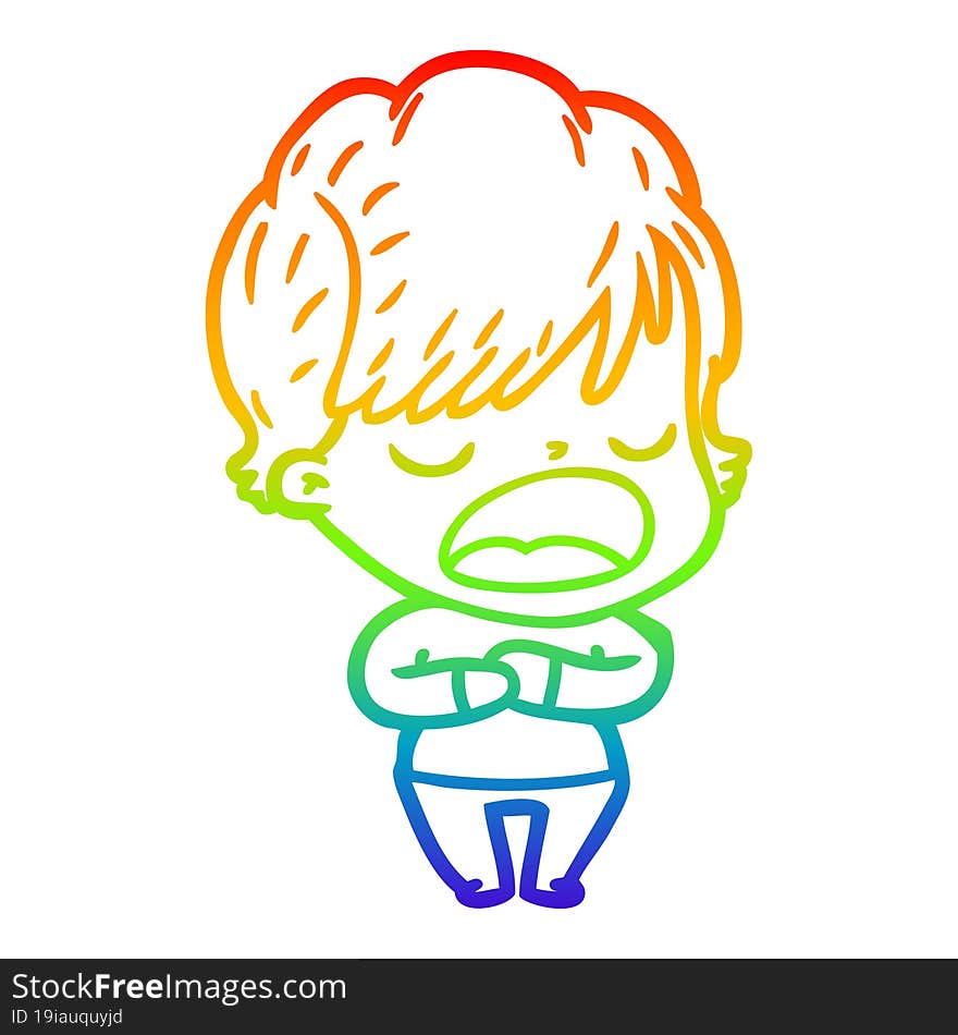 rainbow gradient line drawing of a cartoon woman talking