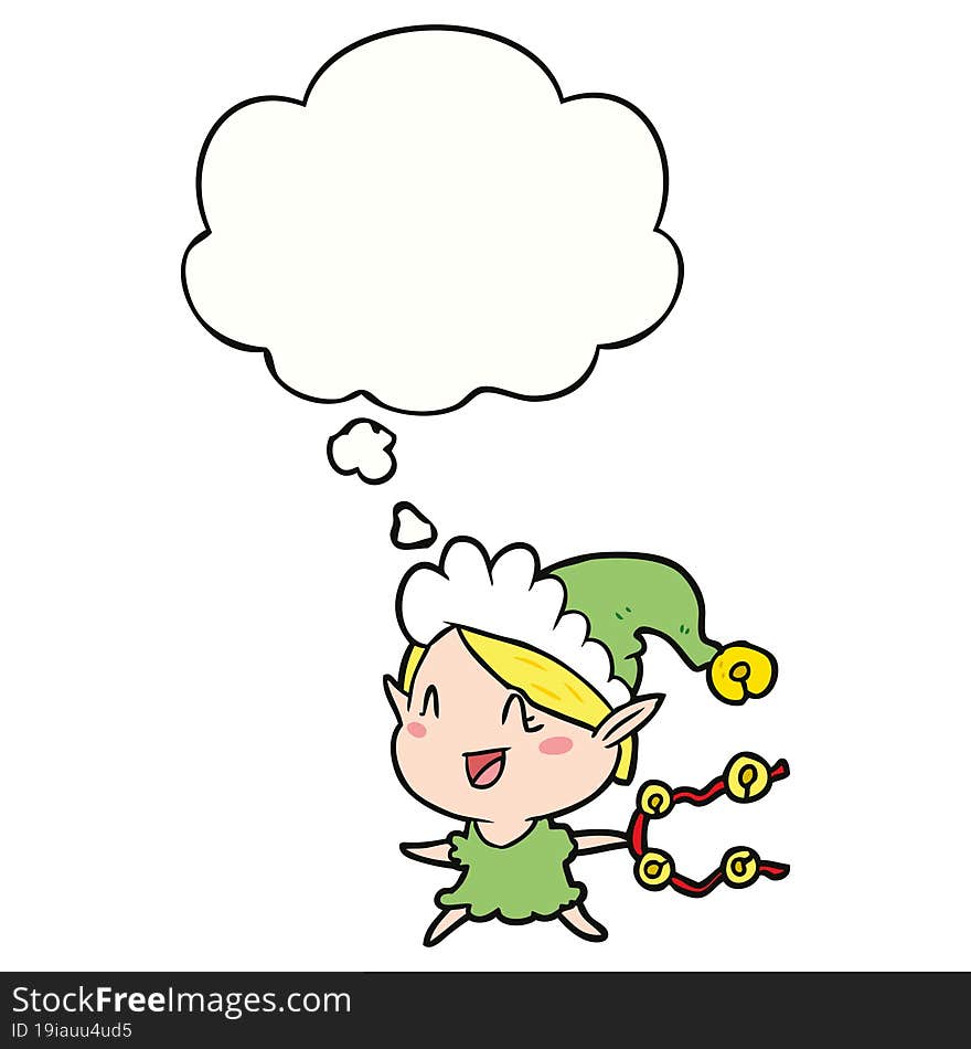 cartoon happy christmas elf and thought bubble