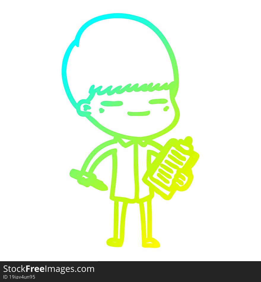 cold gradient line drawing cartoon smug boy with clip board