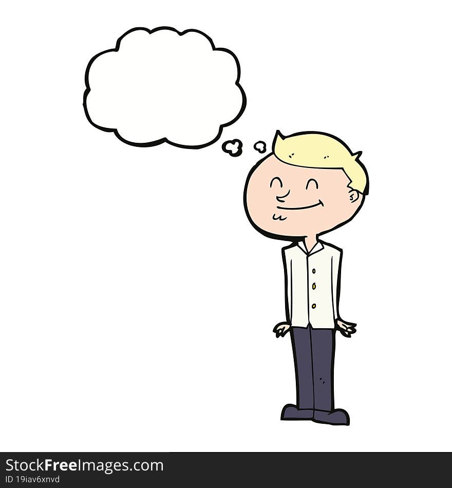 cartoon smiling man with thought bubble