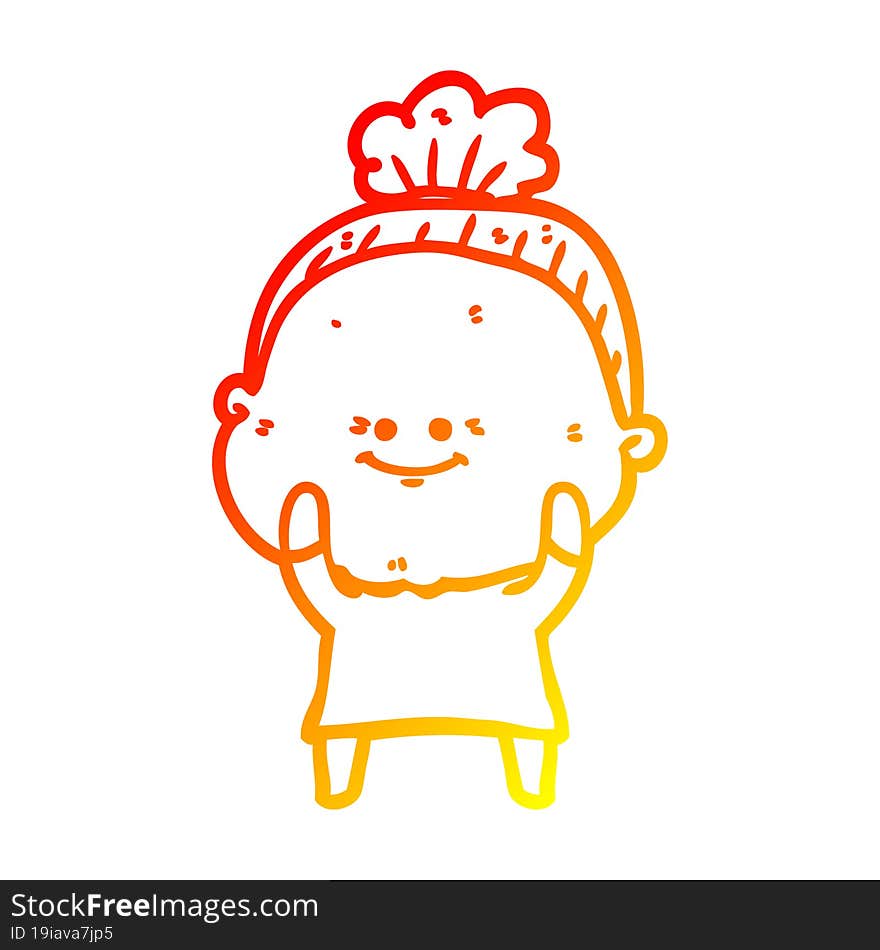 warm gradient line drawing of a cartoon happy old woman