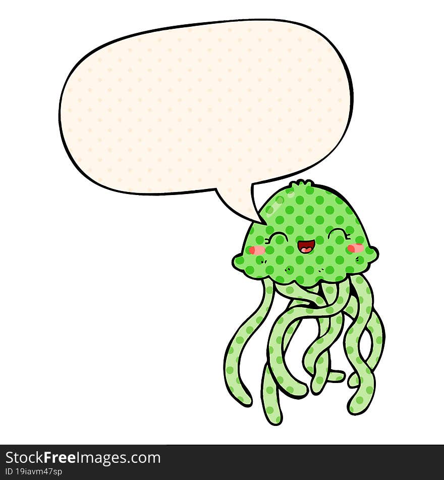 cute cartoon jellyfish and speech bubble in comic book style