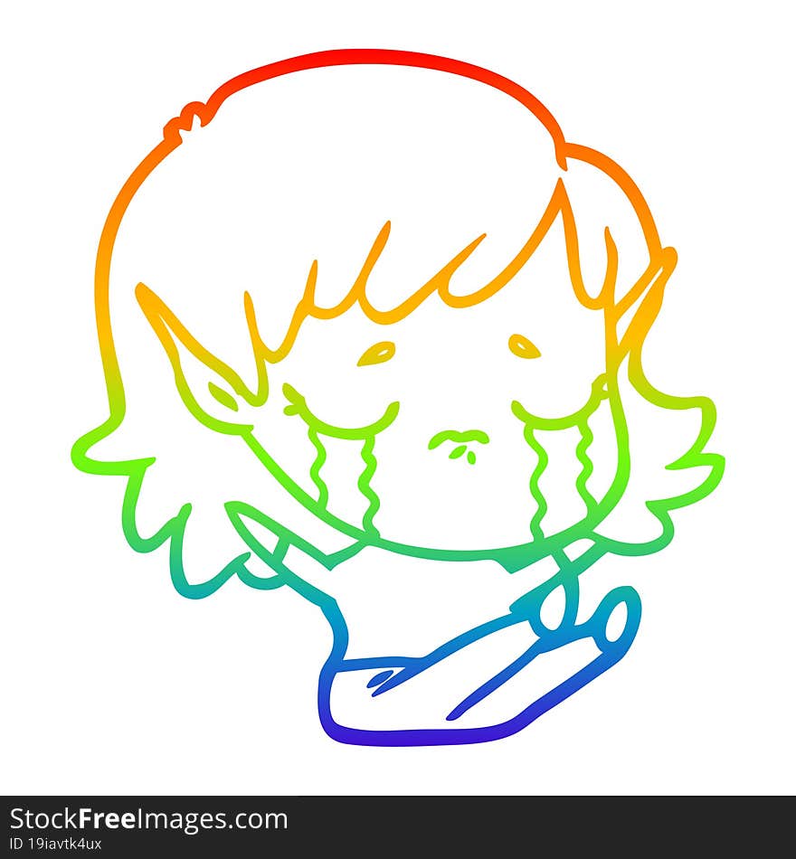 rainbow gradient line drawing cartoon crying elf girl