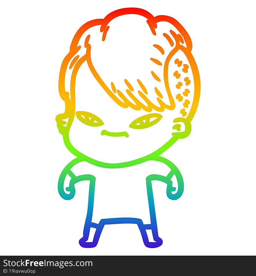 rainbow gradient line drawing of a cute cartoon girl with hipster haircut