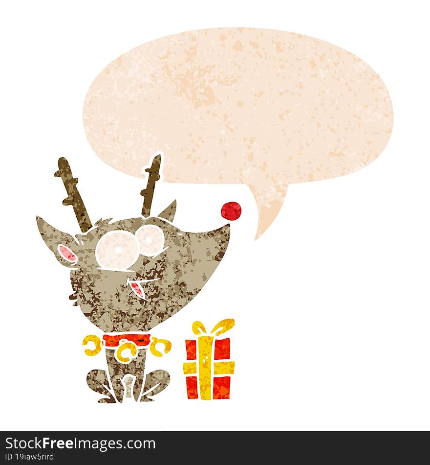 cartoon christmas reindeer and speech bubble in retro textured style