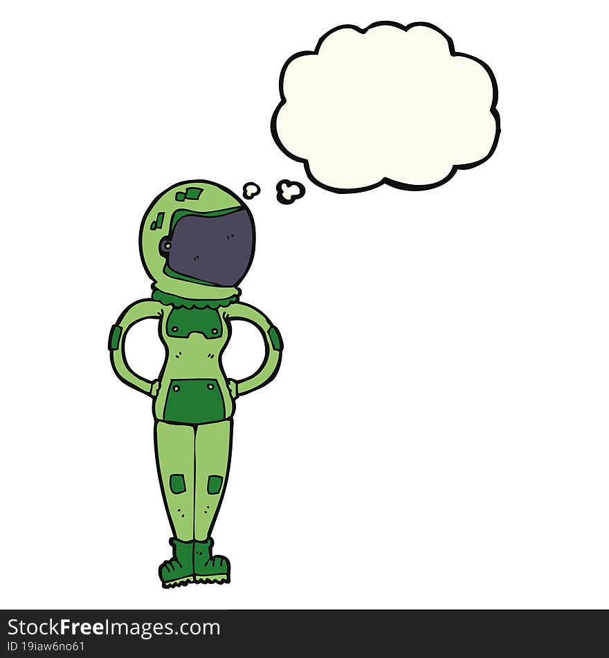 cartoon female astronaut with thought bubble